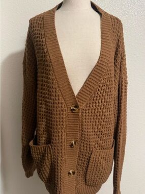 Zenana Outfitters Brown Waffle-Knit Button Cardigan